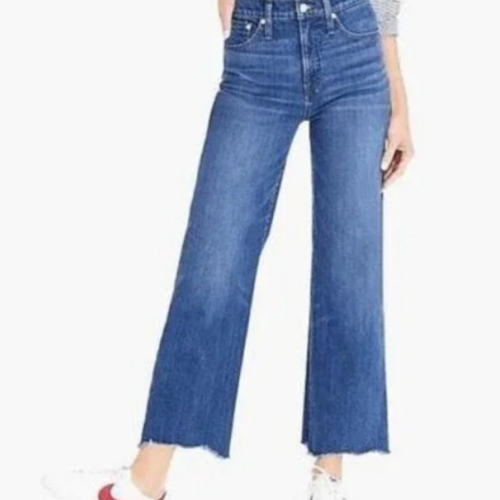 J.Crew Point Sur Wide Leg Cropped Jean Chewed Raw Hem  Sz 28 Vintage Medium Wash